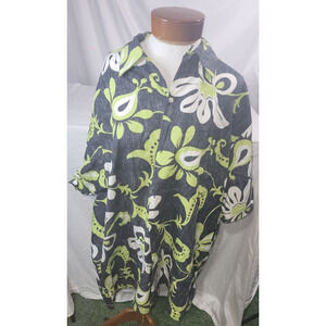 Go Barefoot Mens 2XL Black Green White Hawaiian 100% Cotton Button Up Shirt